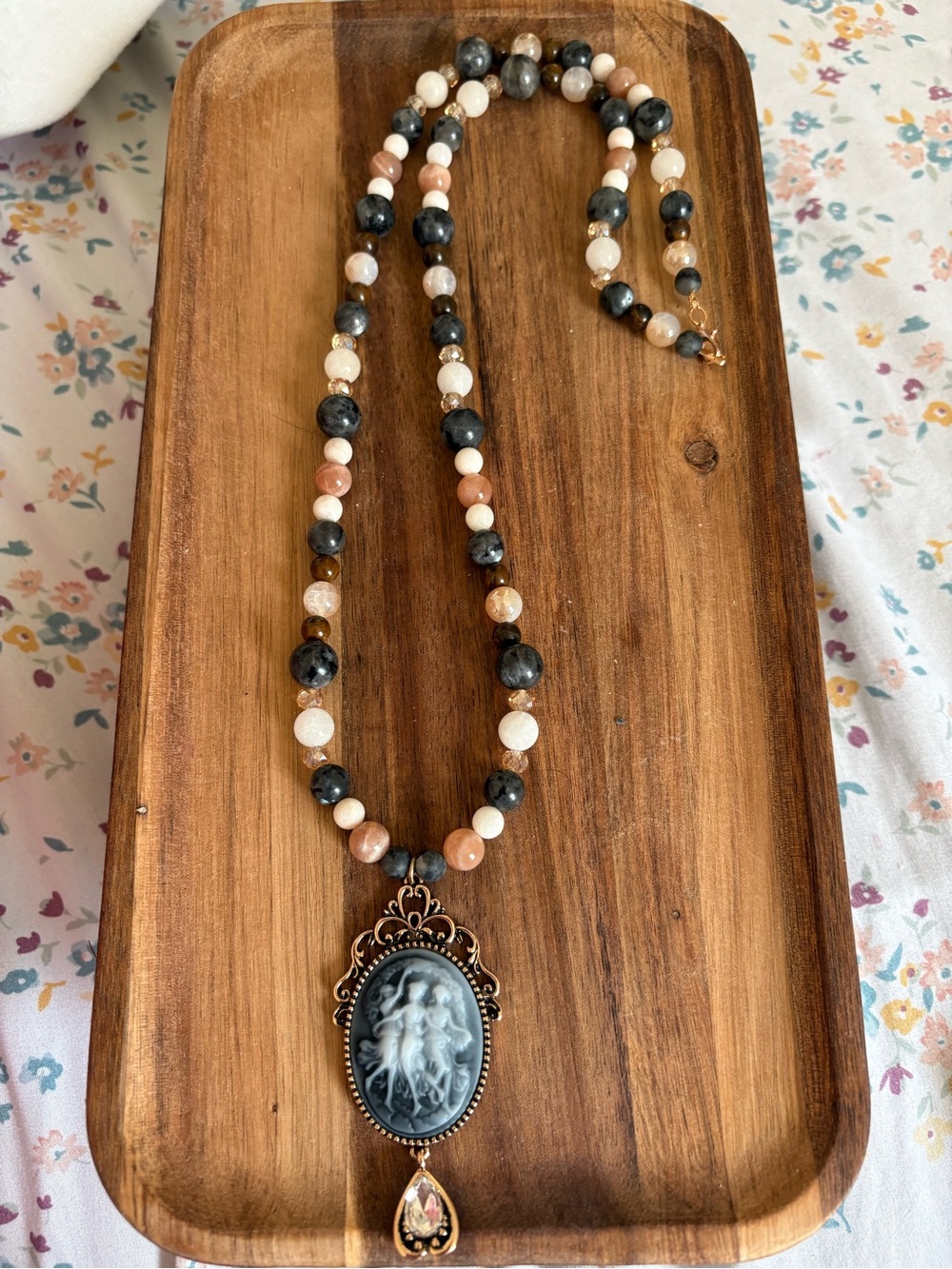 Vintage-Inspired Cameo Pendant Necklace w/ Natural Stone Beads